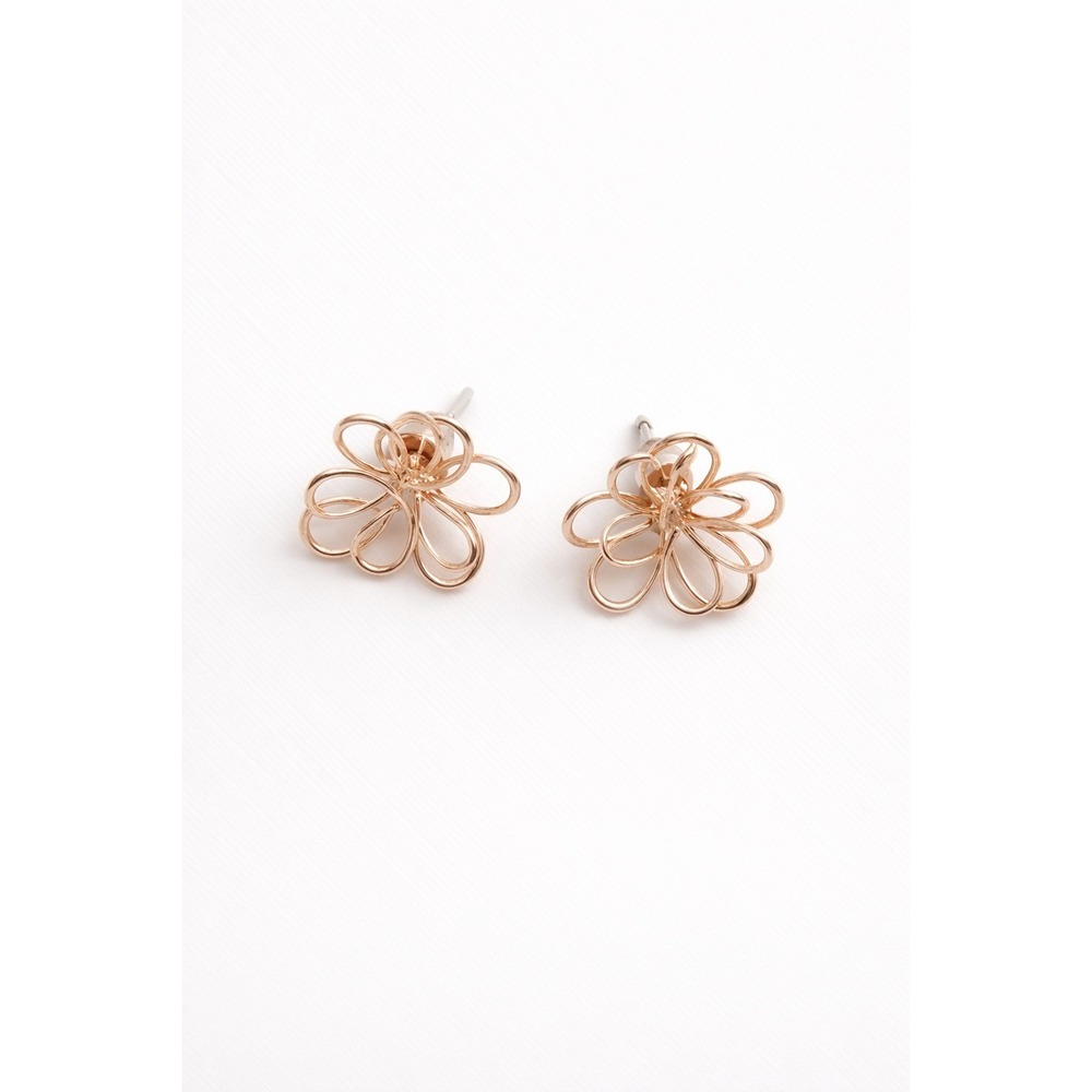 Rose Gold Tone Floral Stud Earrings | Wire Flower Design Minimalist Jewelry‎